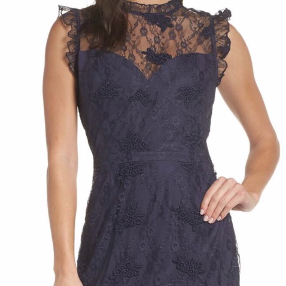 Chelsea 28 Navy Lace Ruffle Hem High Neck